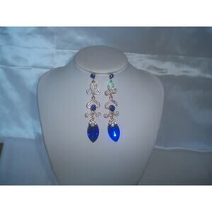 Blue rhinestone long drop dangle earrings wedding bridal MOB prom party earrings